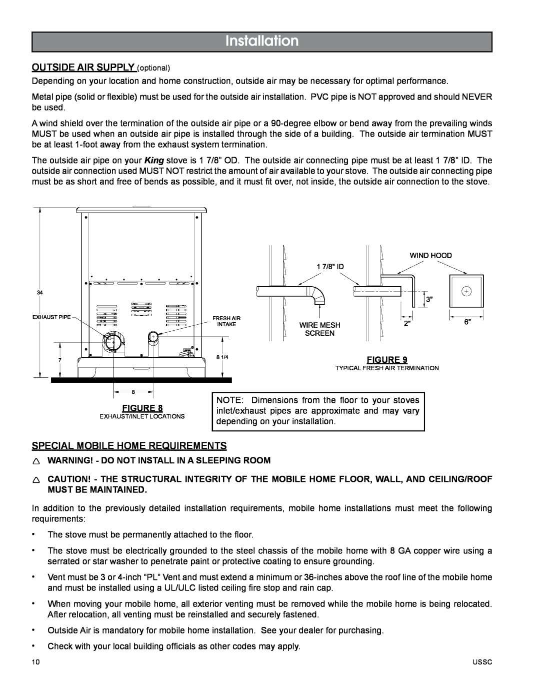 United States Stove 5510 owner manual Installation, Outside Air Supplyoptional, Special Mobile Home Requirements 