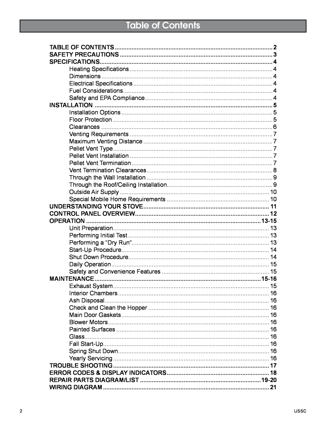 United States Stove 5510 owner manual Table of Contents 