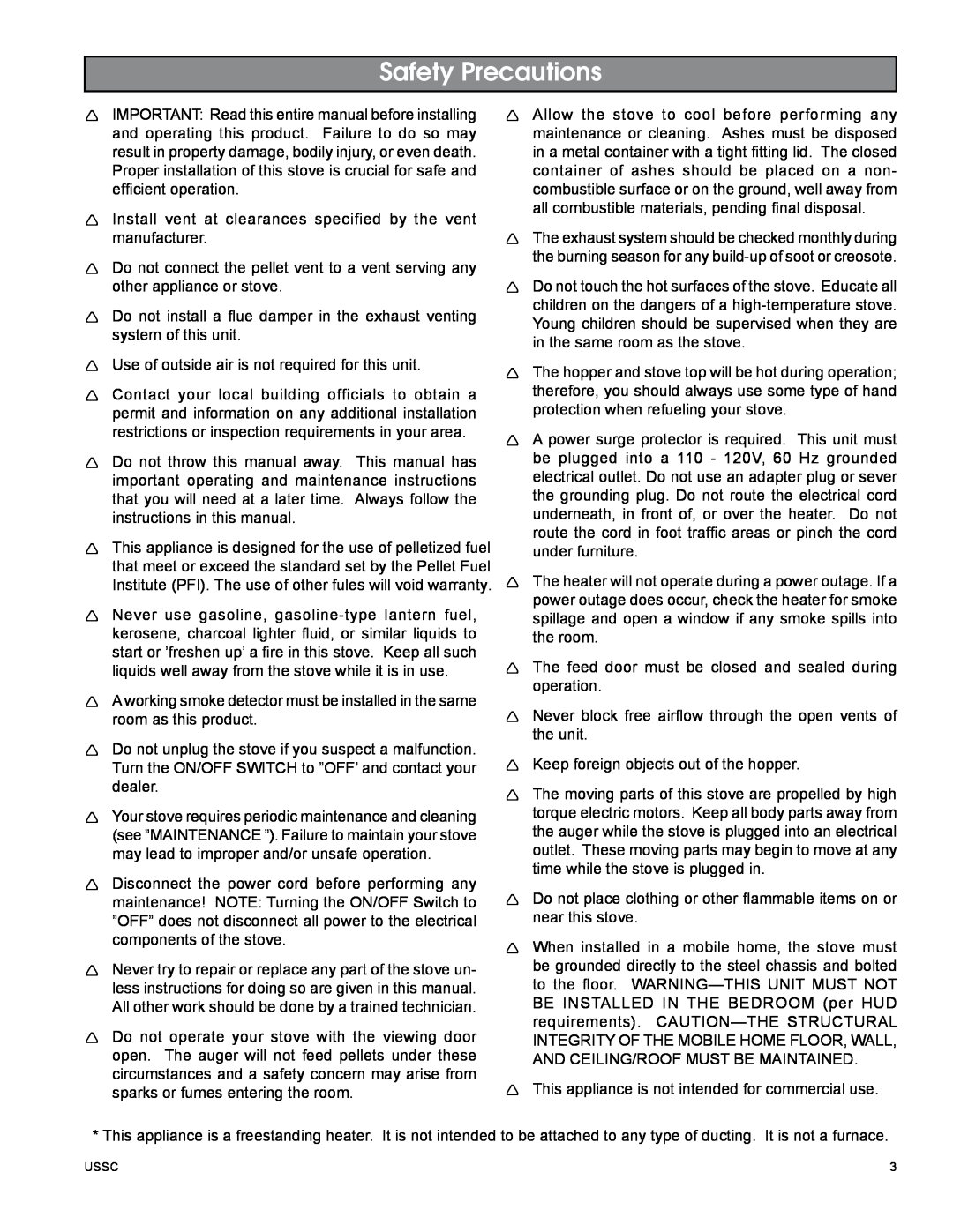 United States Stove 5510 owner manual Safety Precautions 