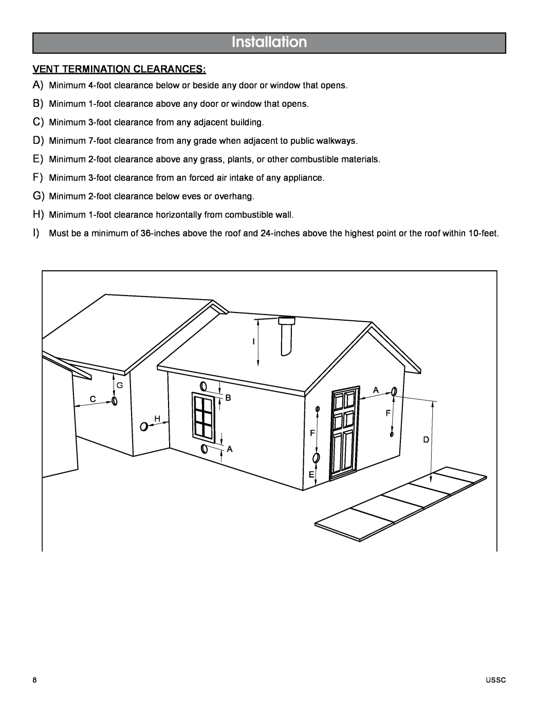 United States Stove 5510 owner manual Installation, Vent termination clearances 