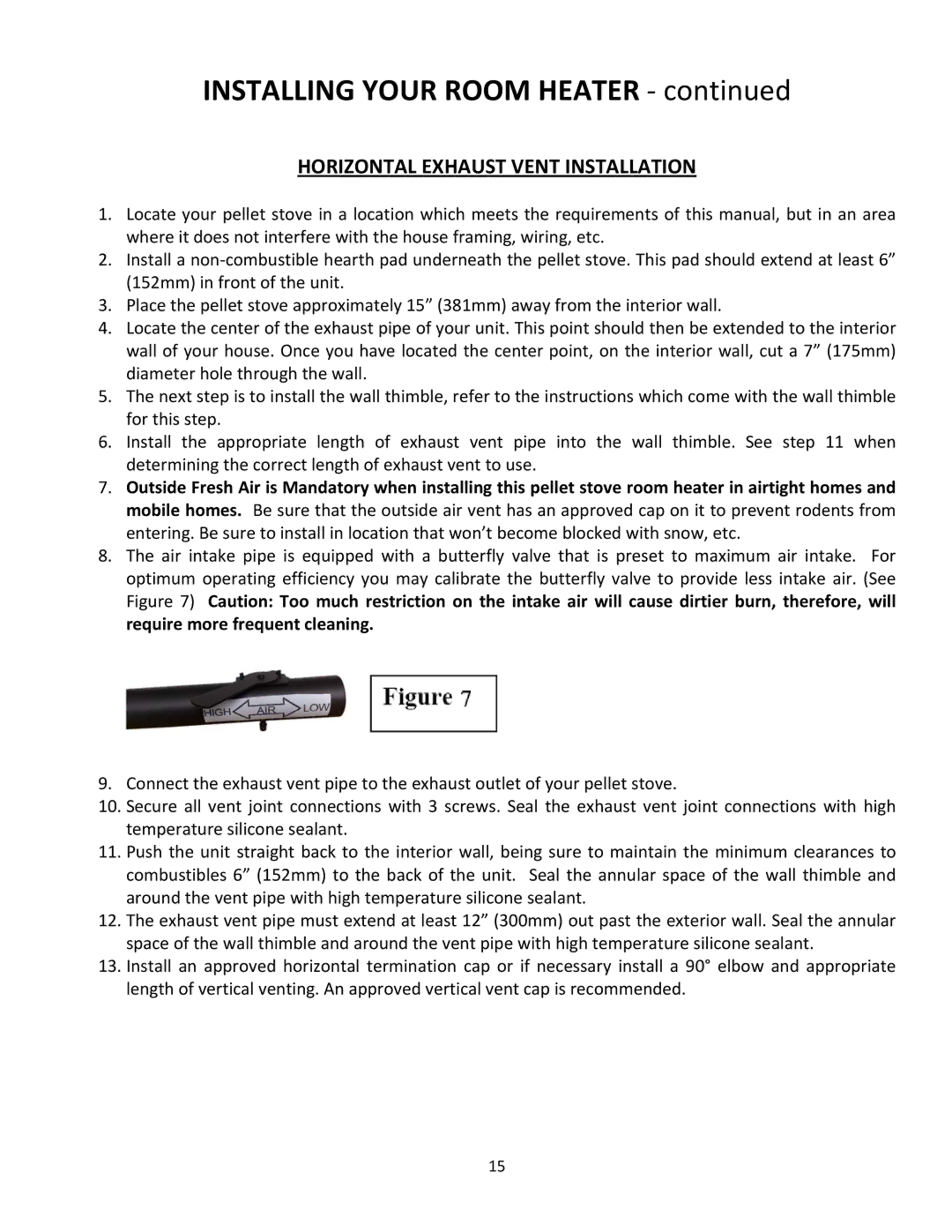 United States Stove 5660(I) manual Installing Your Room Heater ‐, Horizontal Exhaust Vent Installation 