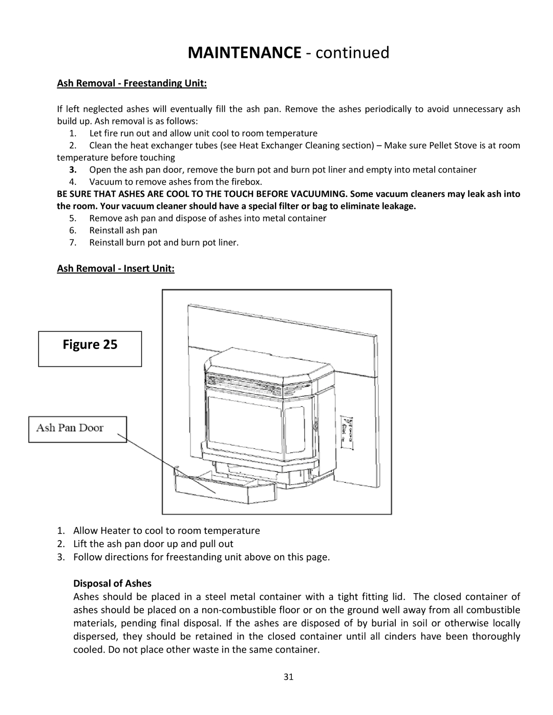 United States Stove 5660(I) Maintenance ‐, Ash Removal ‐ Freestanding Unit, Ash Removal ‐ Insert Unit, Disposal of Ashes 