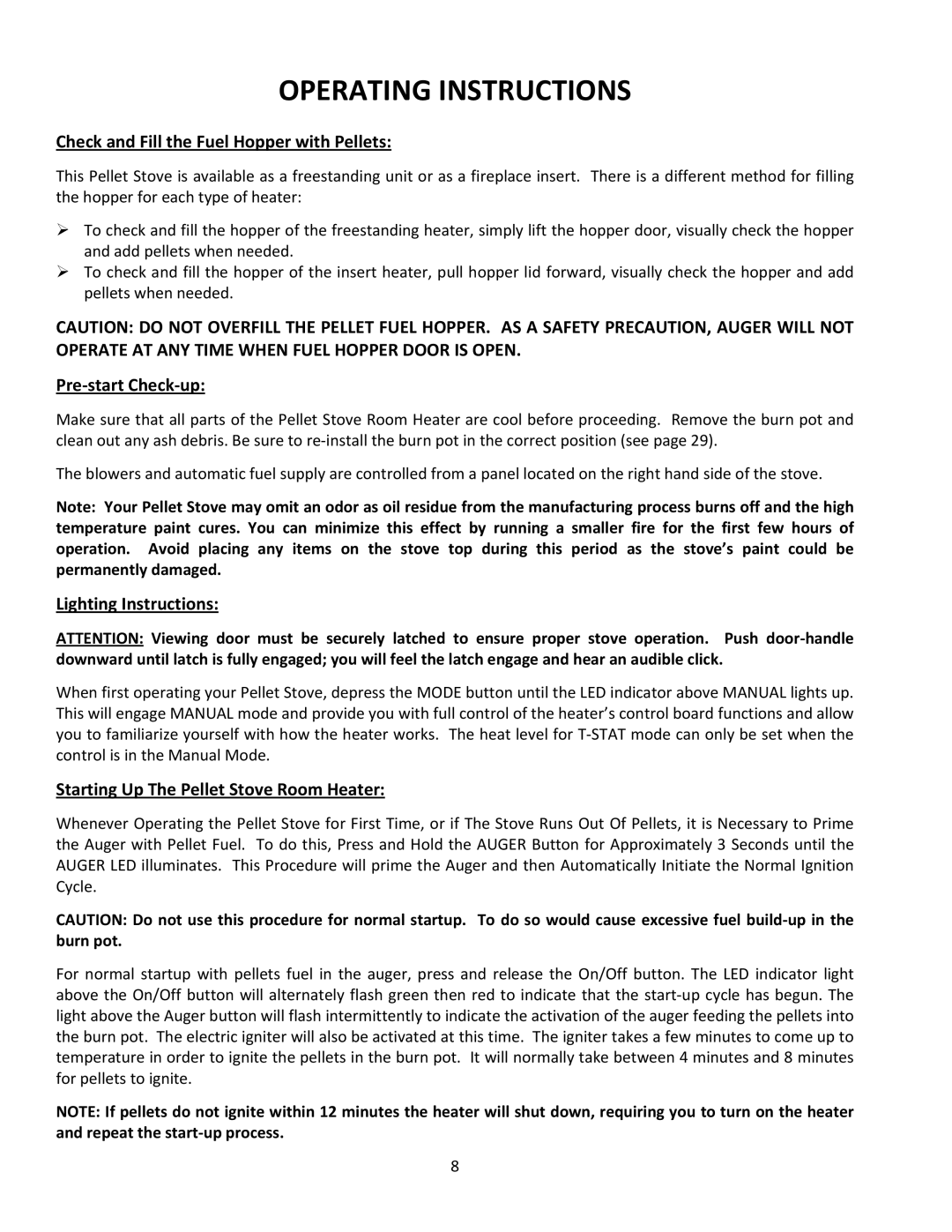 United States Stove 5660(I) manual Operating Instructions, Check and Fill the Fuel Hopper with Pellets, Pre‐start Check‐up 