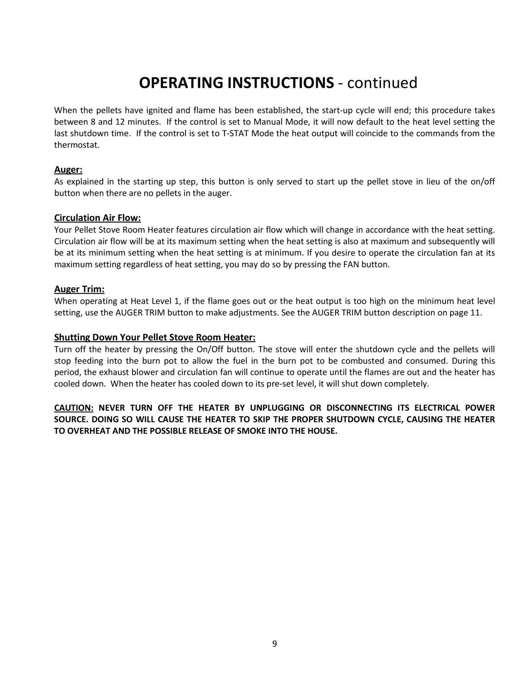 United States Stove 5660(I) manual Operating Instructions ‐, Circulation Air Flow, Auger Trim 