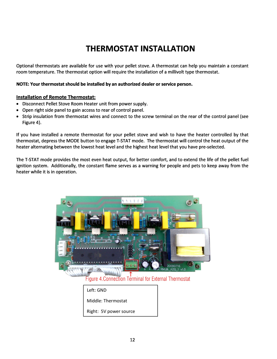 United States Stove 5660(I) manual Thermostat Installation, Installation of Remote Thermostat 