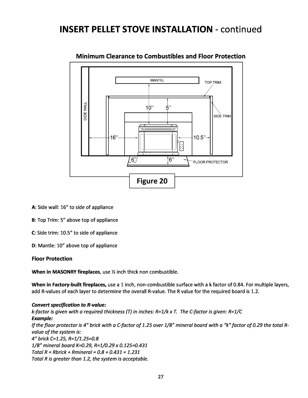 United States Stove 5660(I) manual INSERT PELLET STOVE INSTALLATION ‐ continued, Floor Protection 