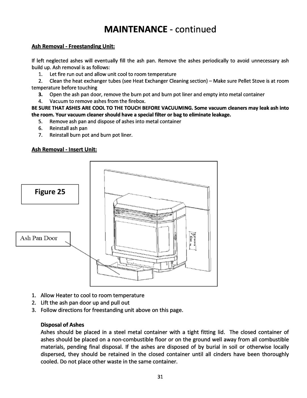 United States Stove 5660(I) manual MAINTENANCE ‐ continued, Ash Removal ‐ Freestanding Unit, Ash Removal ‐ Insert Unit 