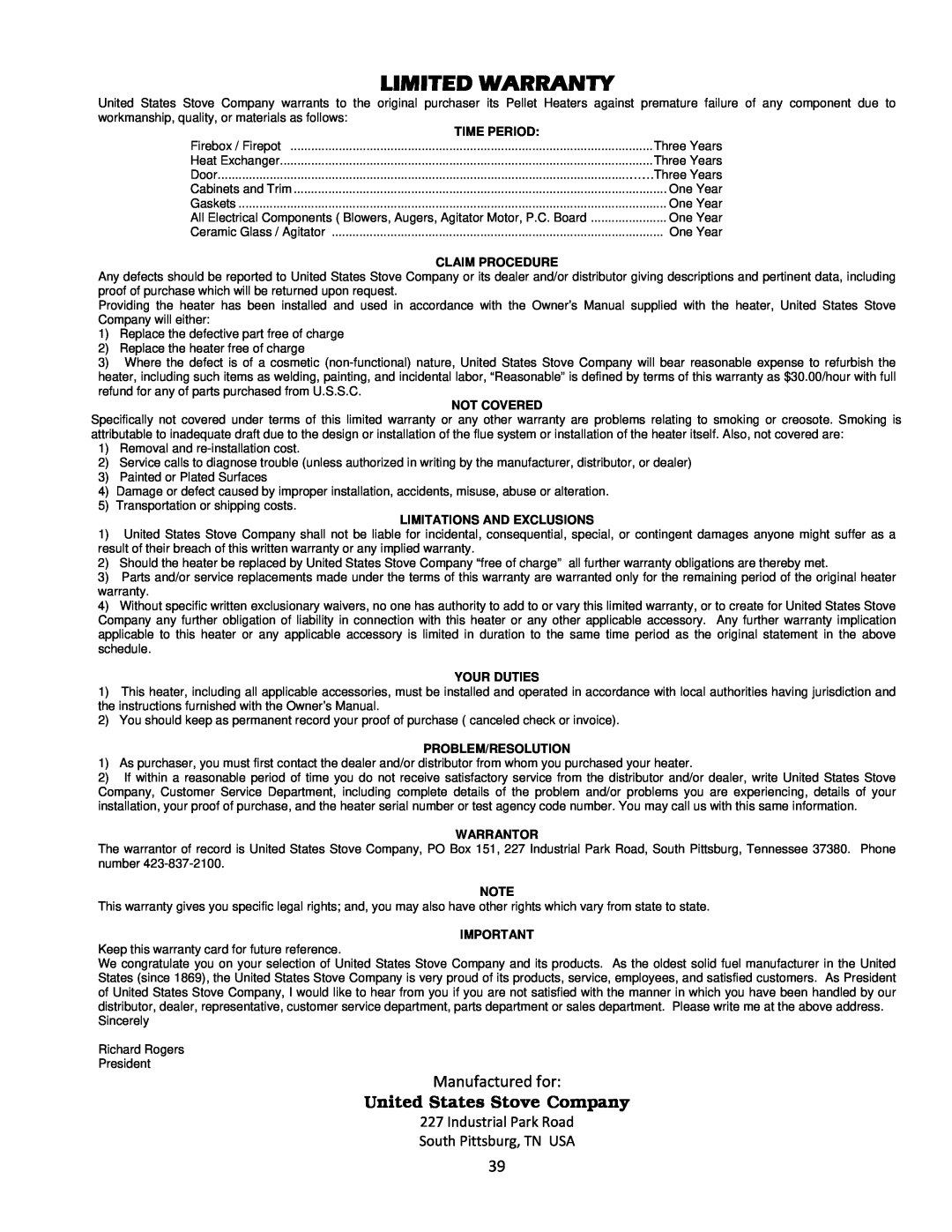 United States Stove 5660(I) manual Limited Warranty, United States Stove Company, Time Period, Claim Procedure, Not Covered 