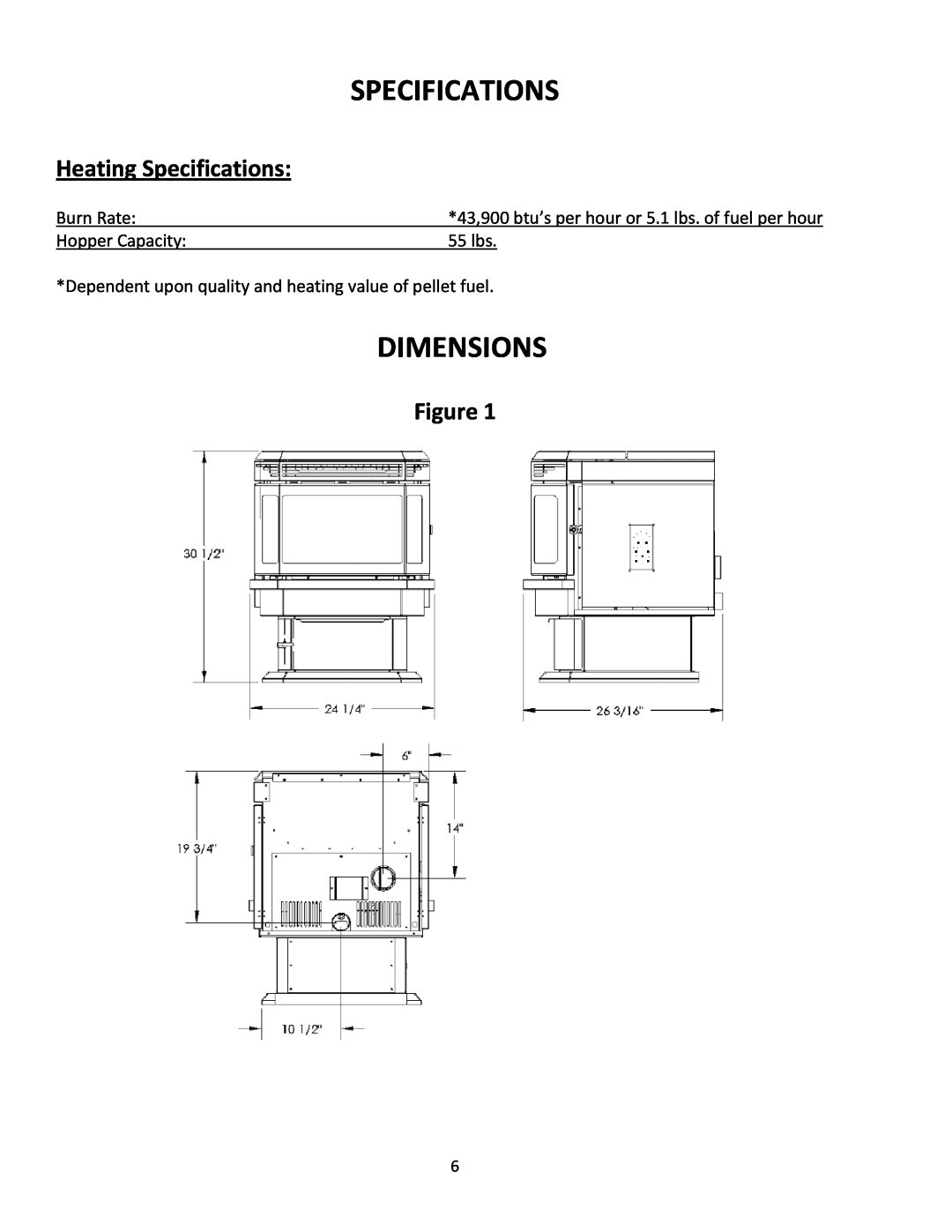 United States Stove 5660(I) manual Dimensions, Heating Specifications 