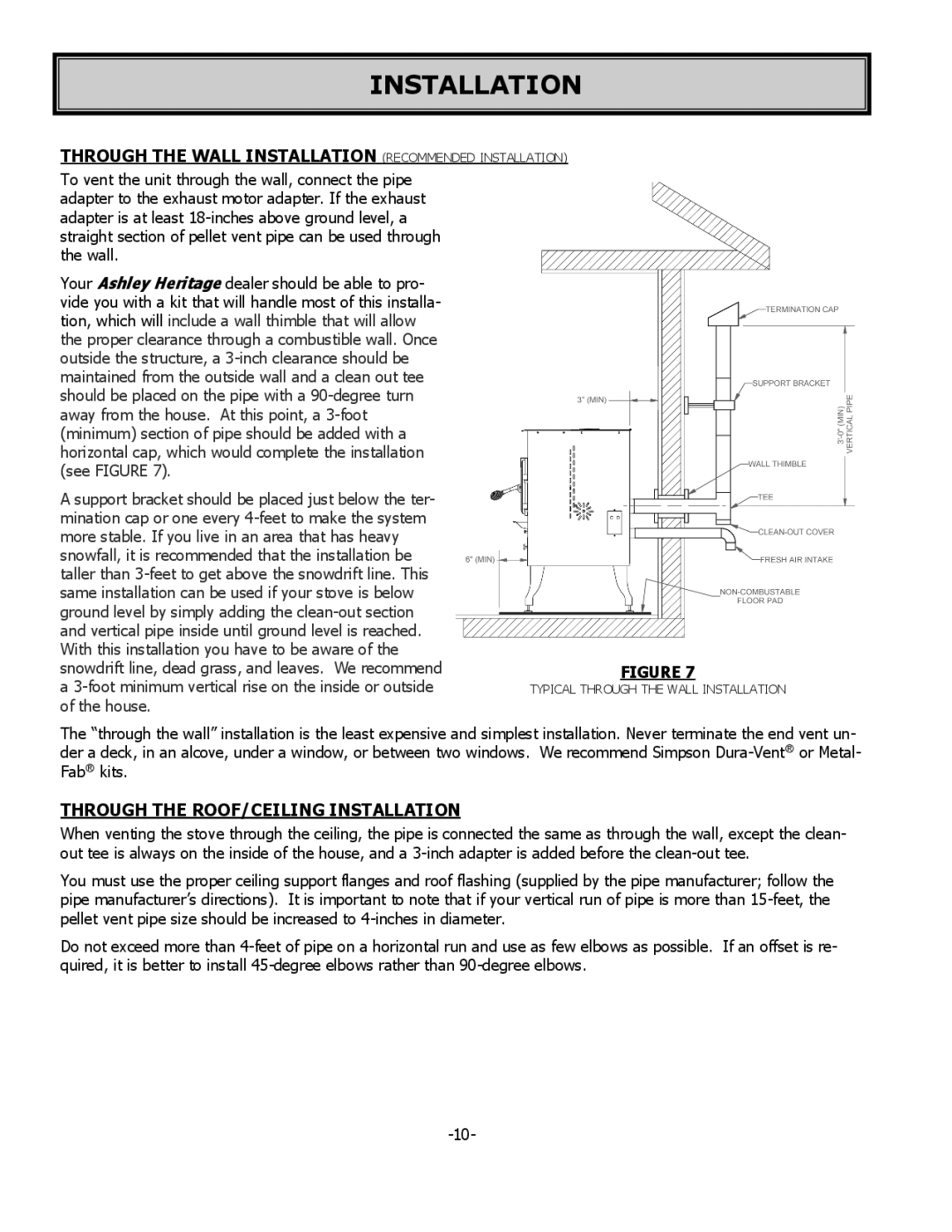 United States Stove 5700 Through the Wall Installation Recommended Installation, Through the ROOF/CEILING Installation 