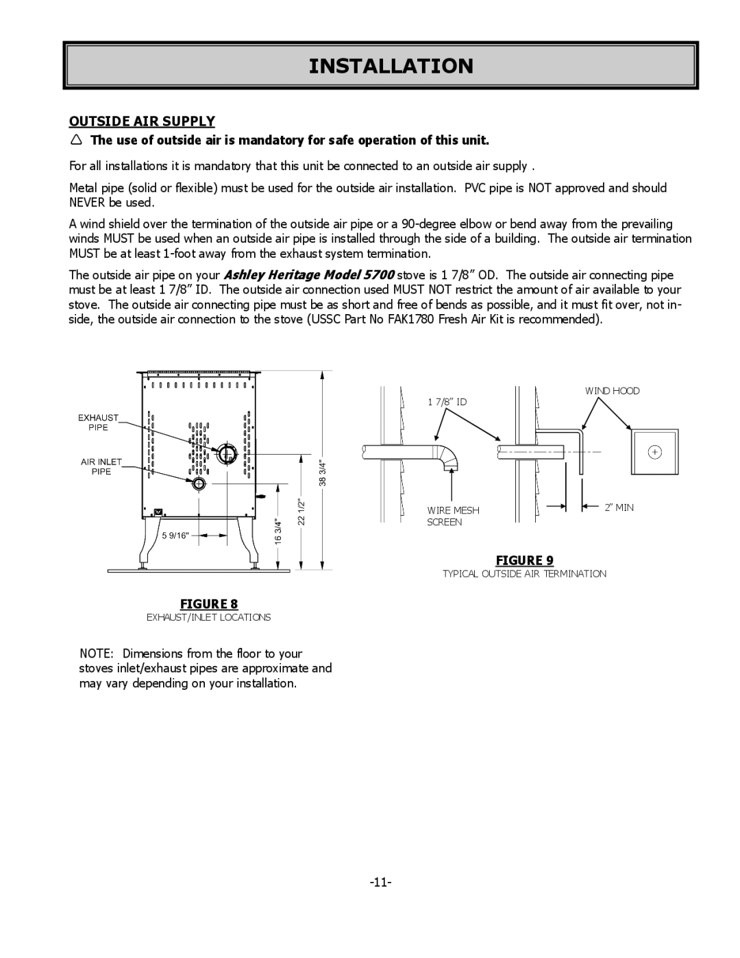 United States Stove 5700 owner manual Outside AIR Supply 