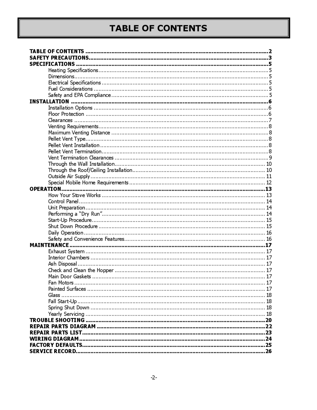 United States Stove 5700 owner manual Table of Contents 