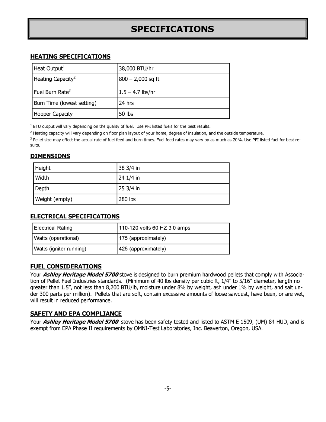 United States Stove 5700 owner manual Specifications 