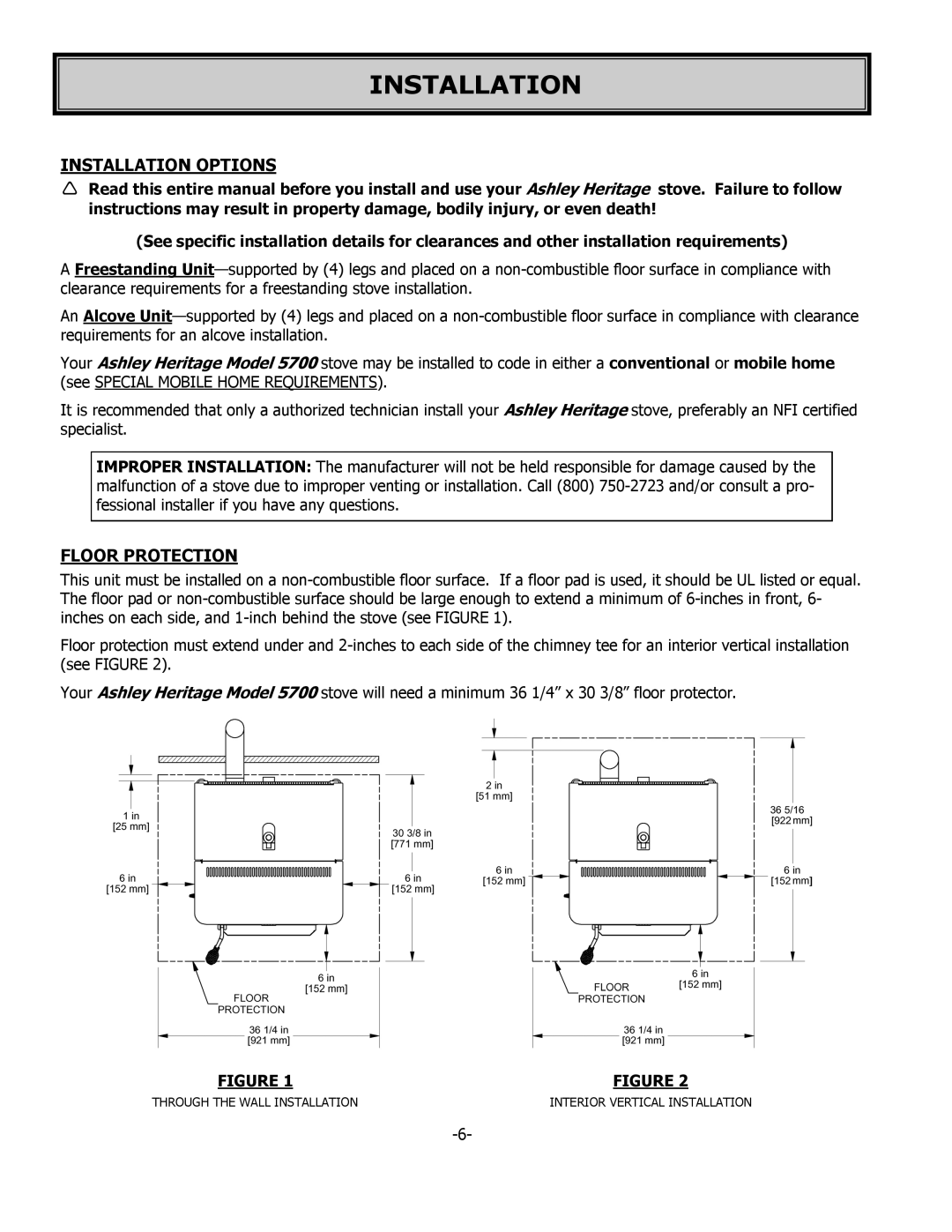 United States Stove 5700 owner manual Installation Options, Floor Protection 