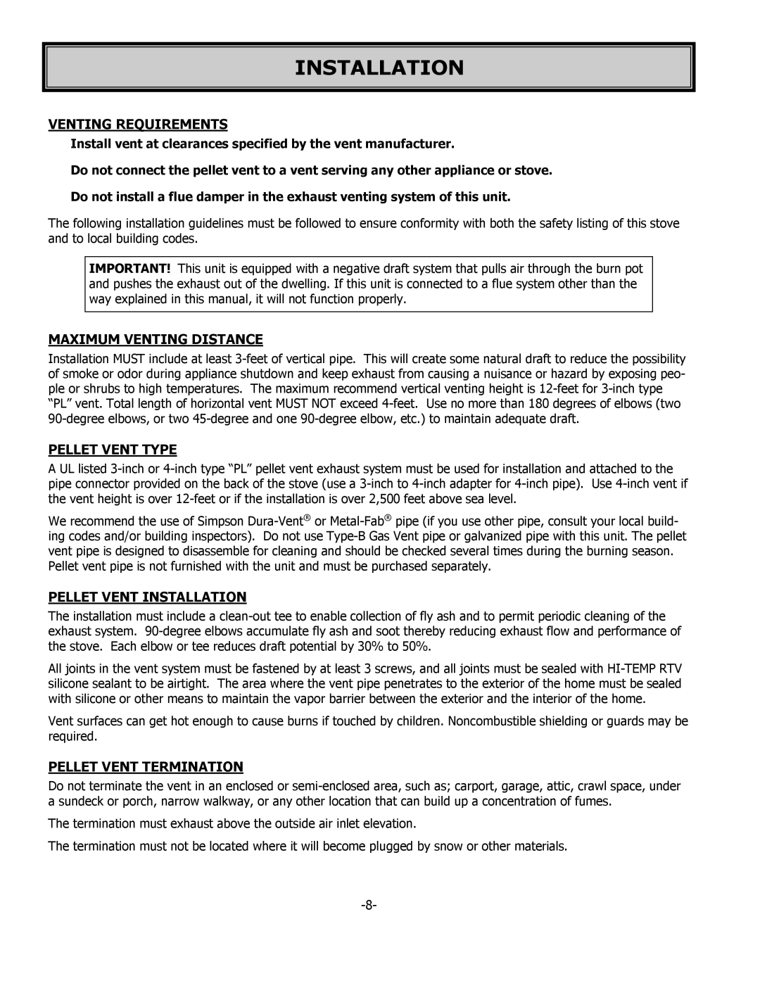 United States Stove 5700 Venting Requirements, Maximum Venting Distance, Pellet Vent Type, Pellet Vent Installation 