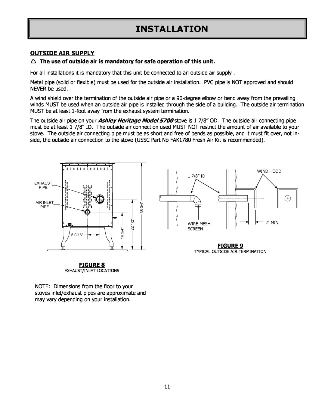 United States Stove 5700 owner manual Outside Air Supply, Installation 