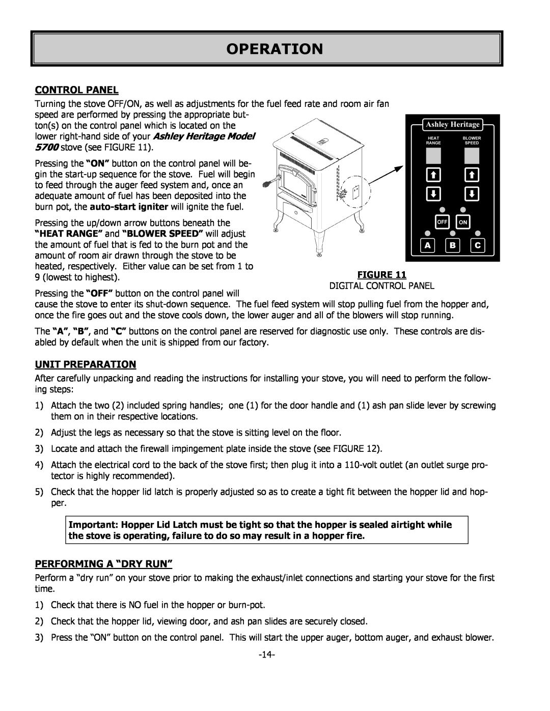 United States Stove 5700 owner manual Control Panel, Unit Preparation, Performing A “Dry Run”, Operation 