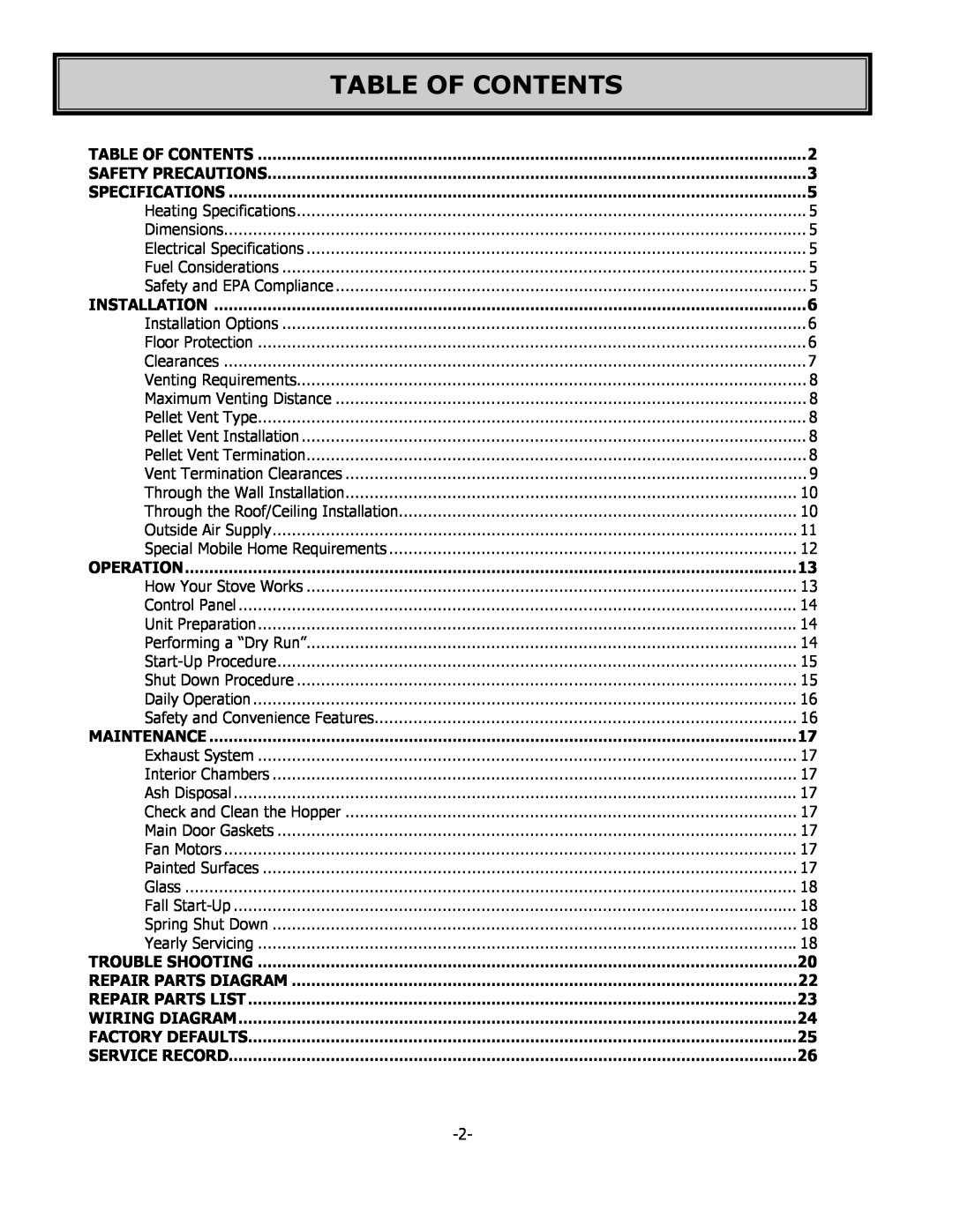 United States Stove 5700 owner manual Table Of Contents 