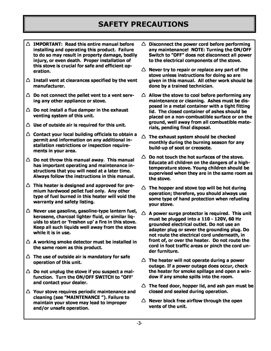United States Stove 5700 owner manual Safety Precautions 