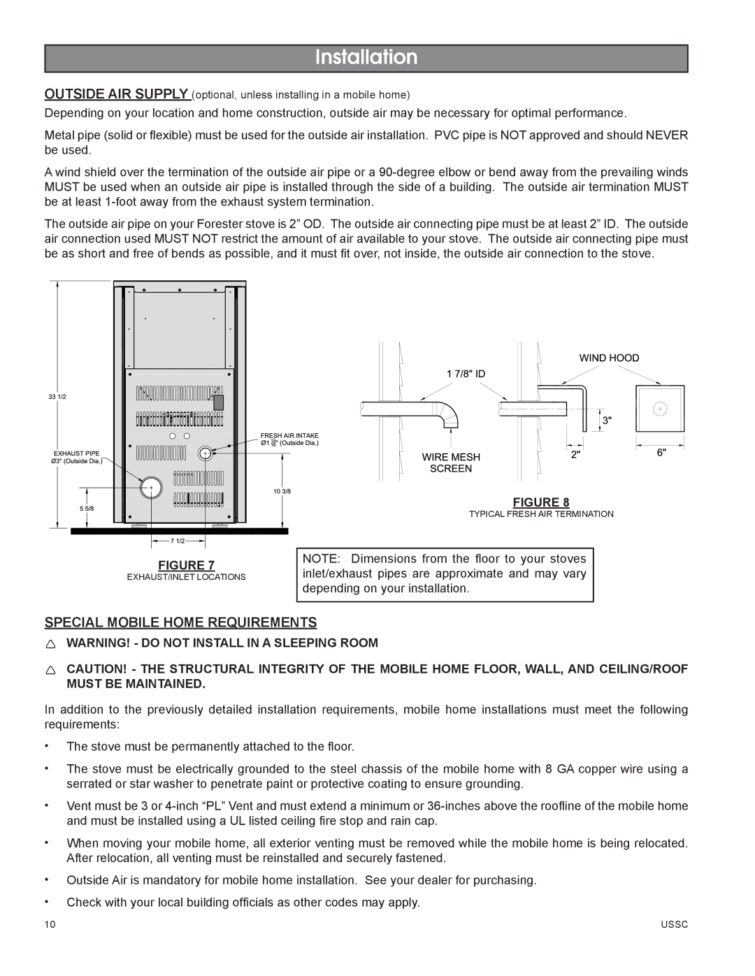 United States Stove 58242 owner manual Special Mobile Home Requirements 