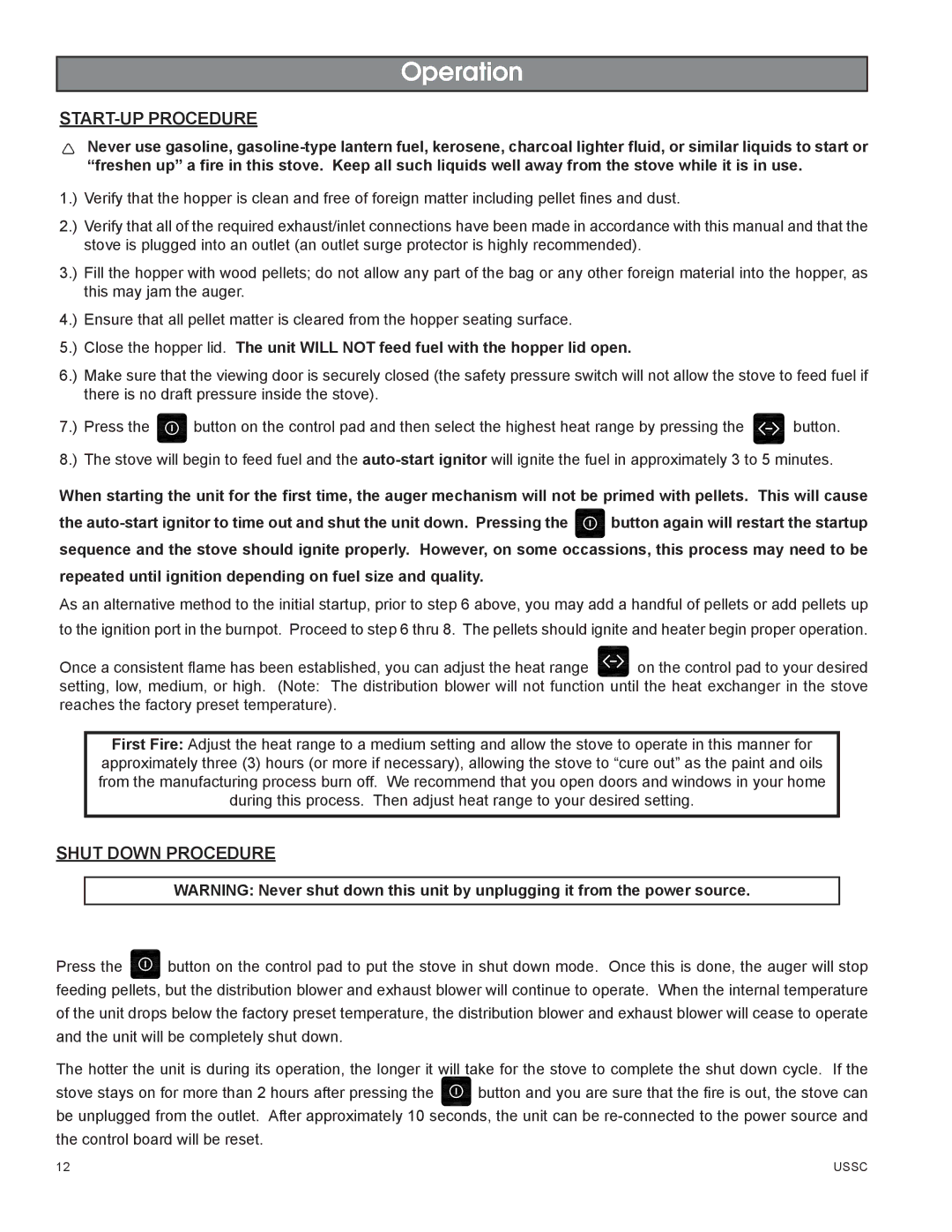 United States Stove 58242 owner manual Operation, START-UP Procedure, Shut Down Procedure 