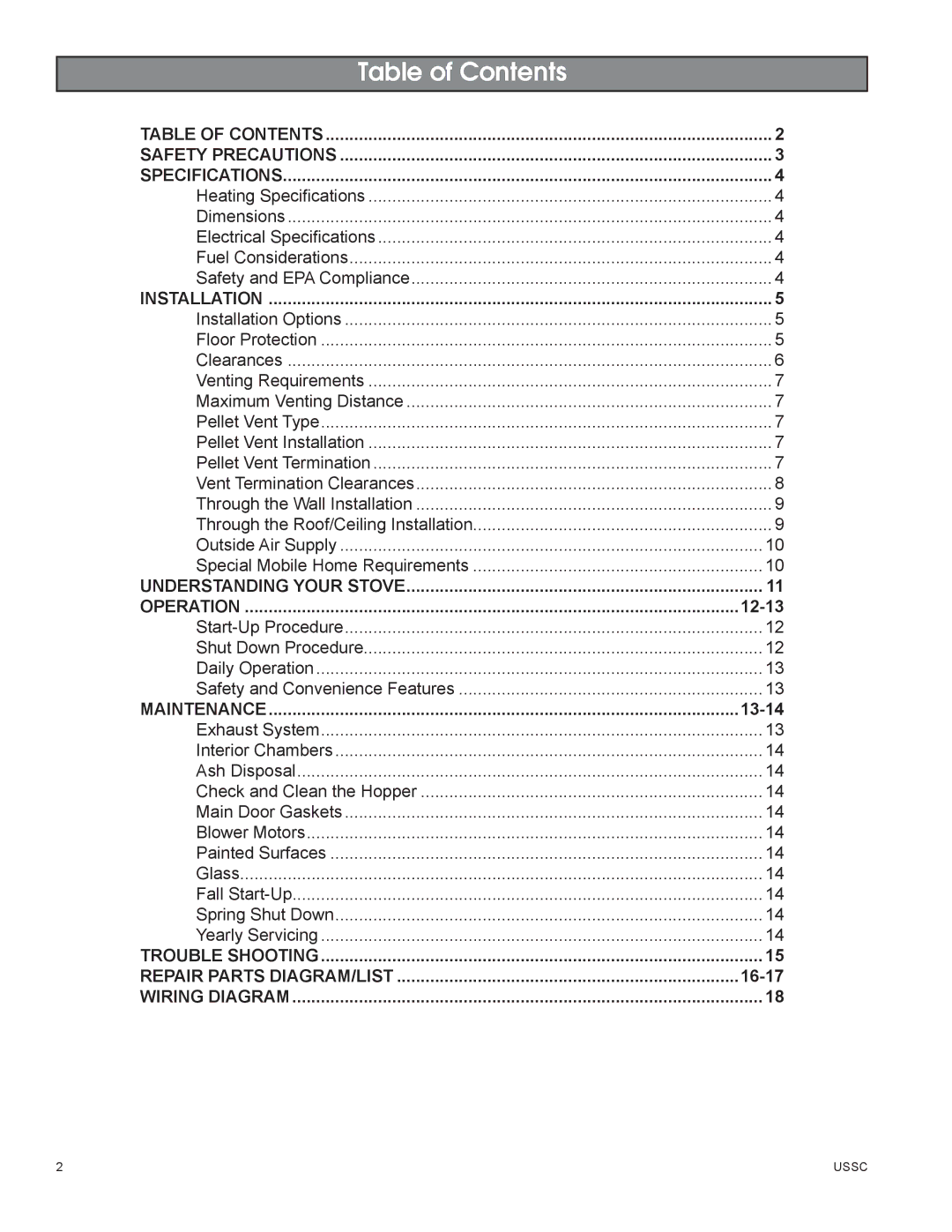 United States Stove 58242 owner manual Table of Contents 