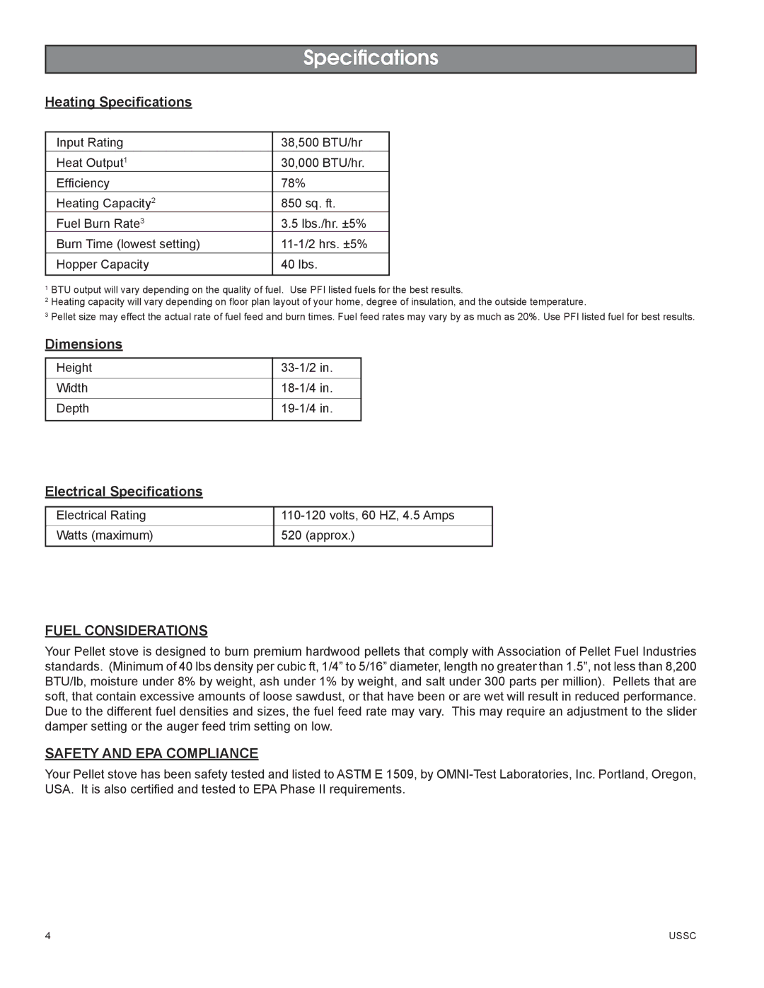 United States Stove 58242 owner manual Specifications, Fuel Considerations, Safety and EPA Compliance 