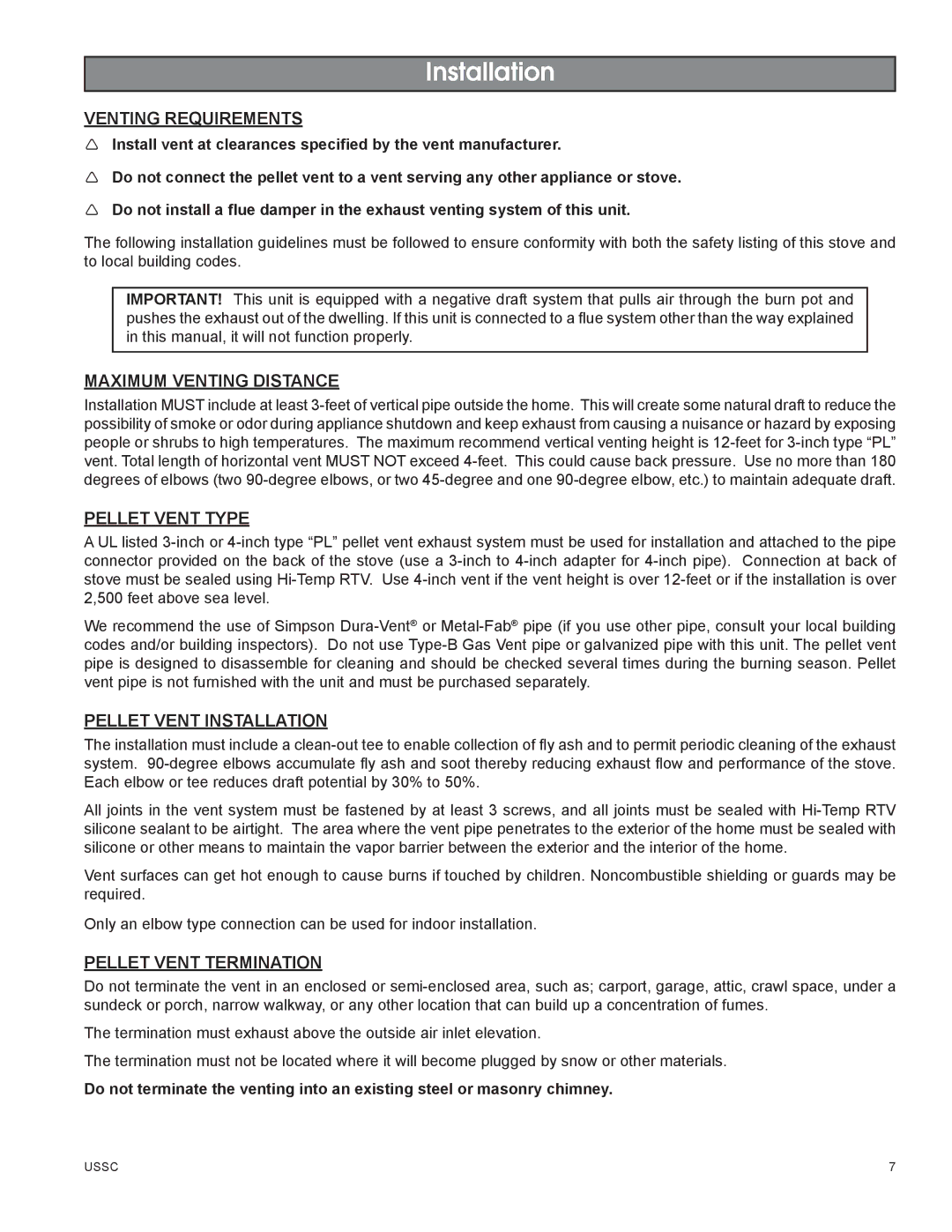 United States Stove 58242 Venting Requirements, Maximum Venting Distance, Pellet Vent Type, Pellet Vent Installation 