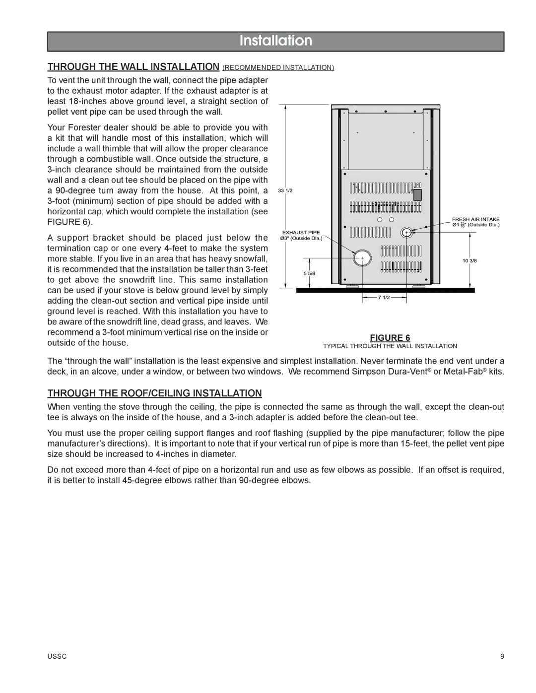 United States Stove 58242 Through the Wall Installation Recommended Installation, Through the ROOF/CEILING Installation 