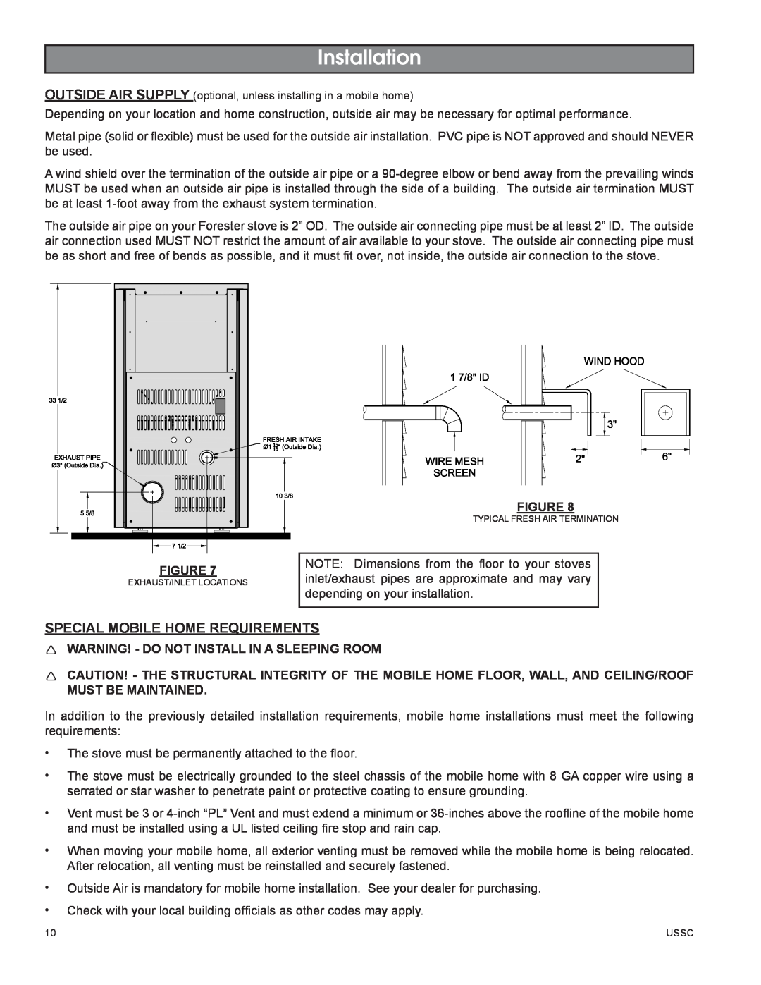 United States Stove 58242 Installation, Special Mobile Home Requirements, Warning! - Do Not Install In A Sleeping Room 