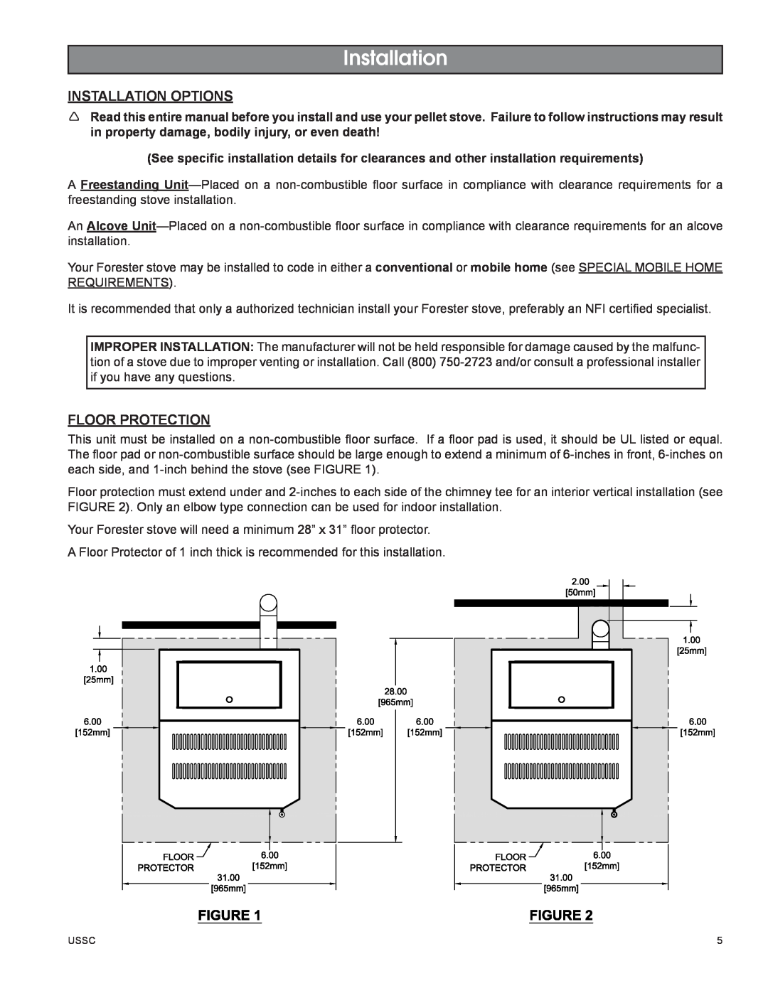 United States Stove 58242 owner manual Installation Options, Floor Protection 