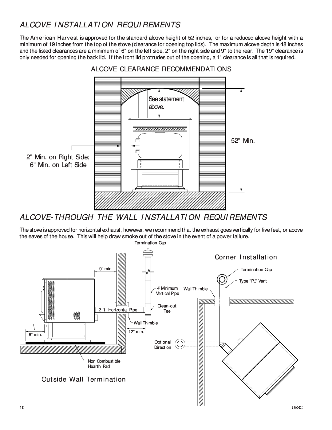 United States Stove 6035 owner manual Alcove Installation Requirements, Alcove-Throughthe Wall Installation Requirements 