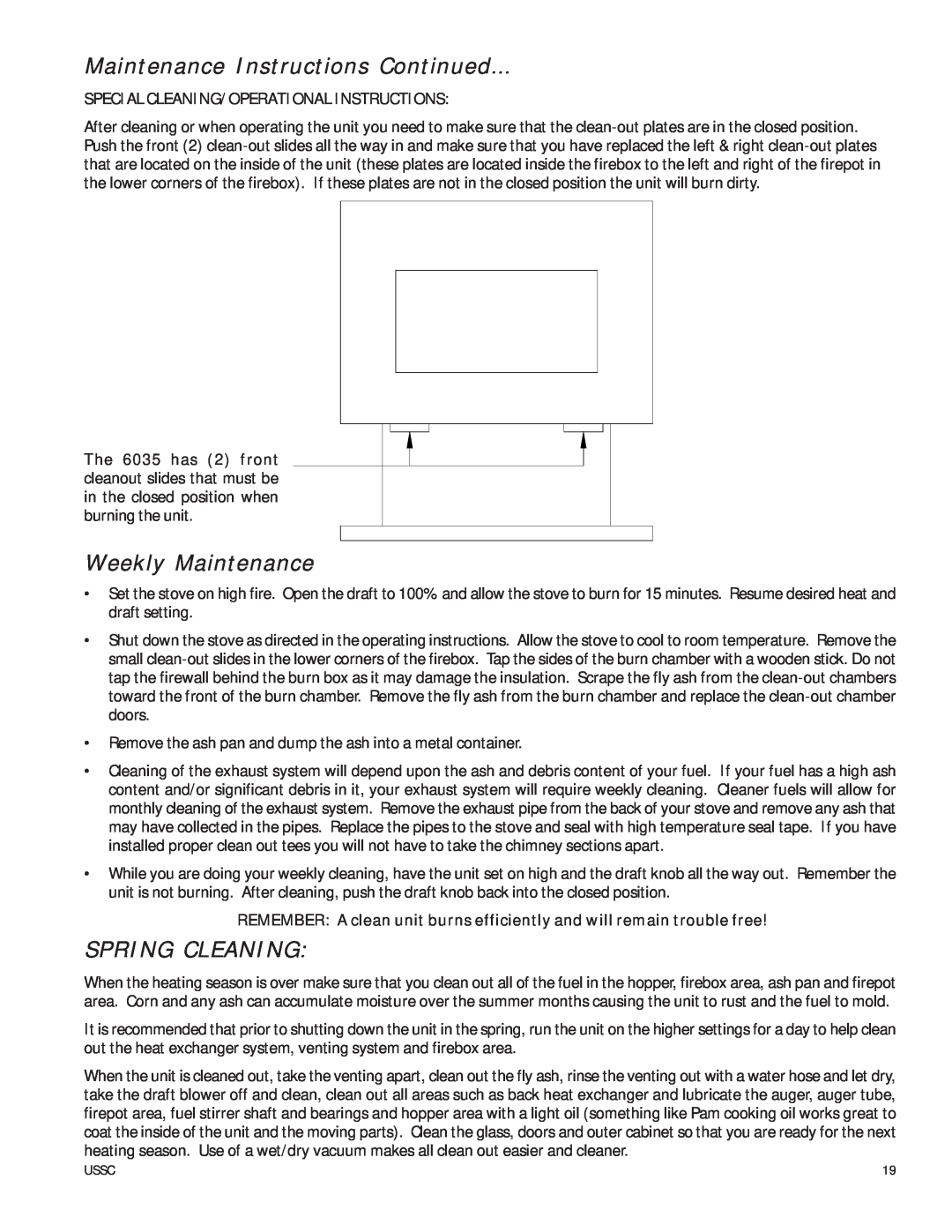United States Stove 6035 owner manual Maintenance Instructions Continued, Weekly Maintenance, Spring Cleaning 
