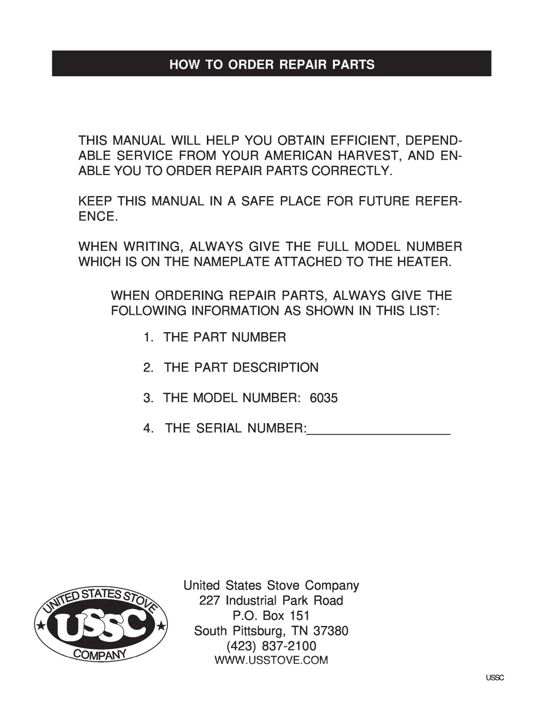 United States Stove 6035 owner manual How To Order Repair Parts 