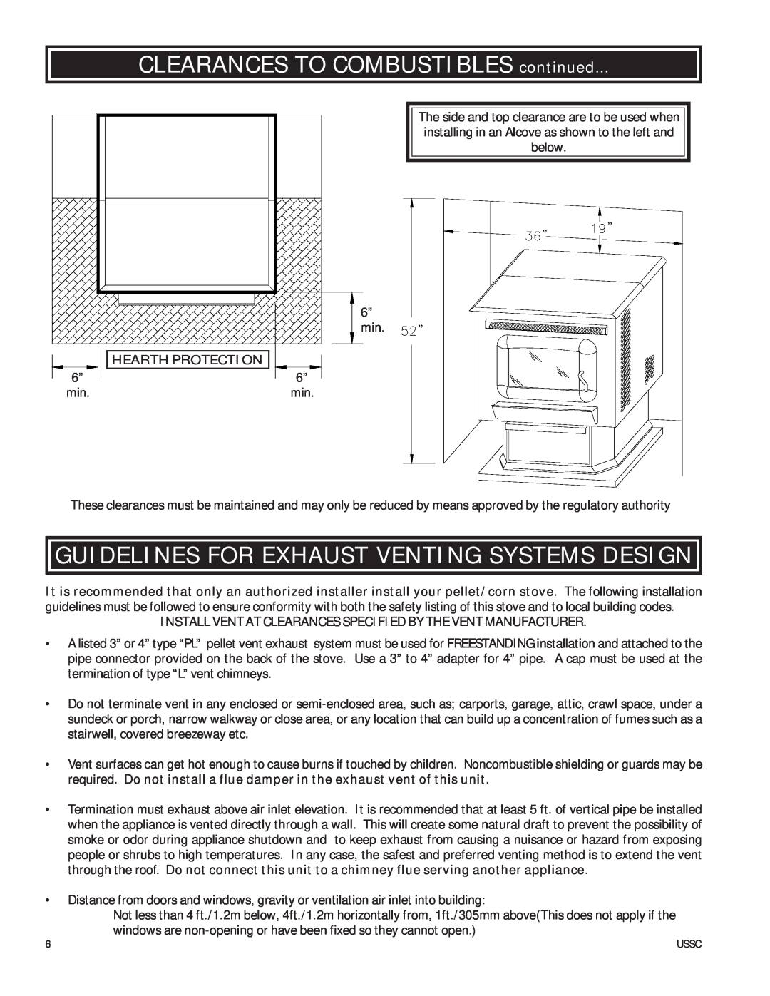 United States Stove 6035 owner manual CLEARANCES TO COMBUSTIBLES continued, Guidelines For Exhaust Venting Systems Design 