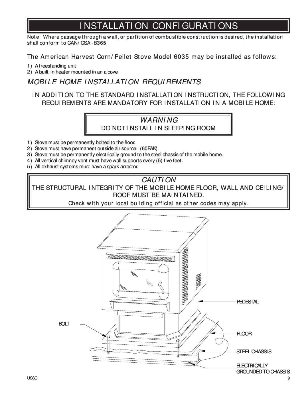 United States Stove 6035 Installation Configurations, Mobile Home Installation Requirements, Roof Must Be Maintained 