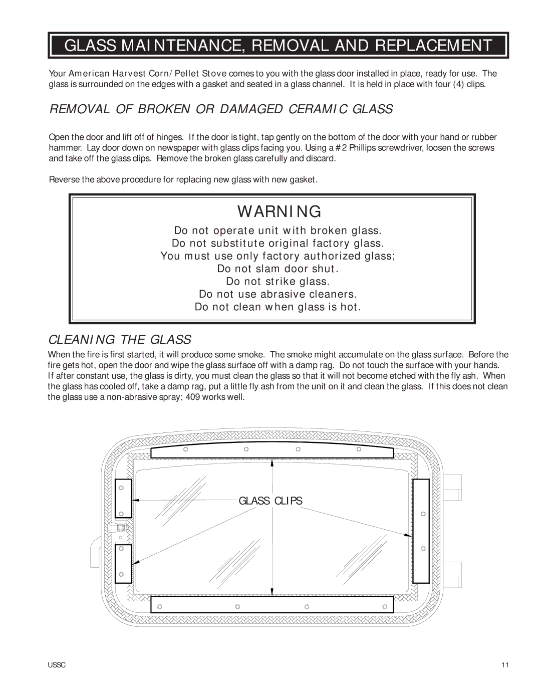 United States Stove 6037 Glass MAINTENANCE, Removal and Replacement, Removal of Broken or Damaged Ceramic Glass 