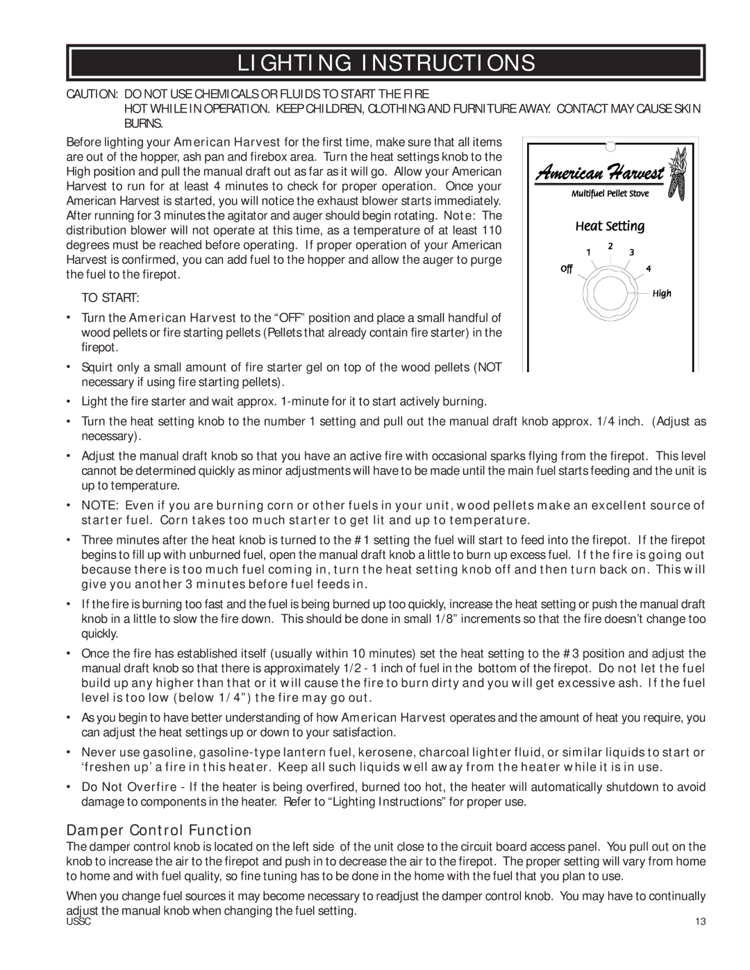 United States Stove 6037 owner manual Lighting Instructions, Damper Control Function 