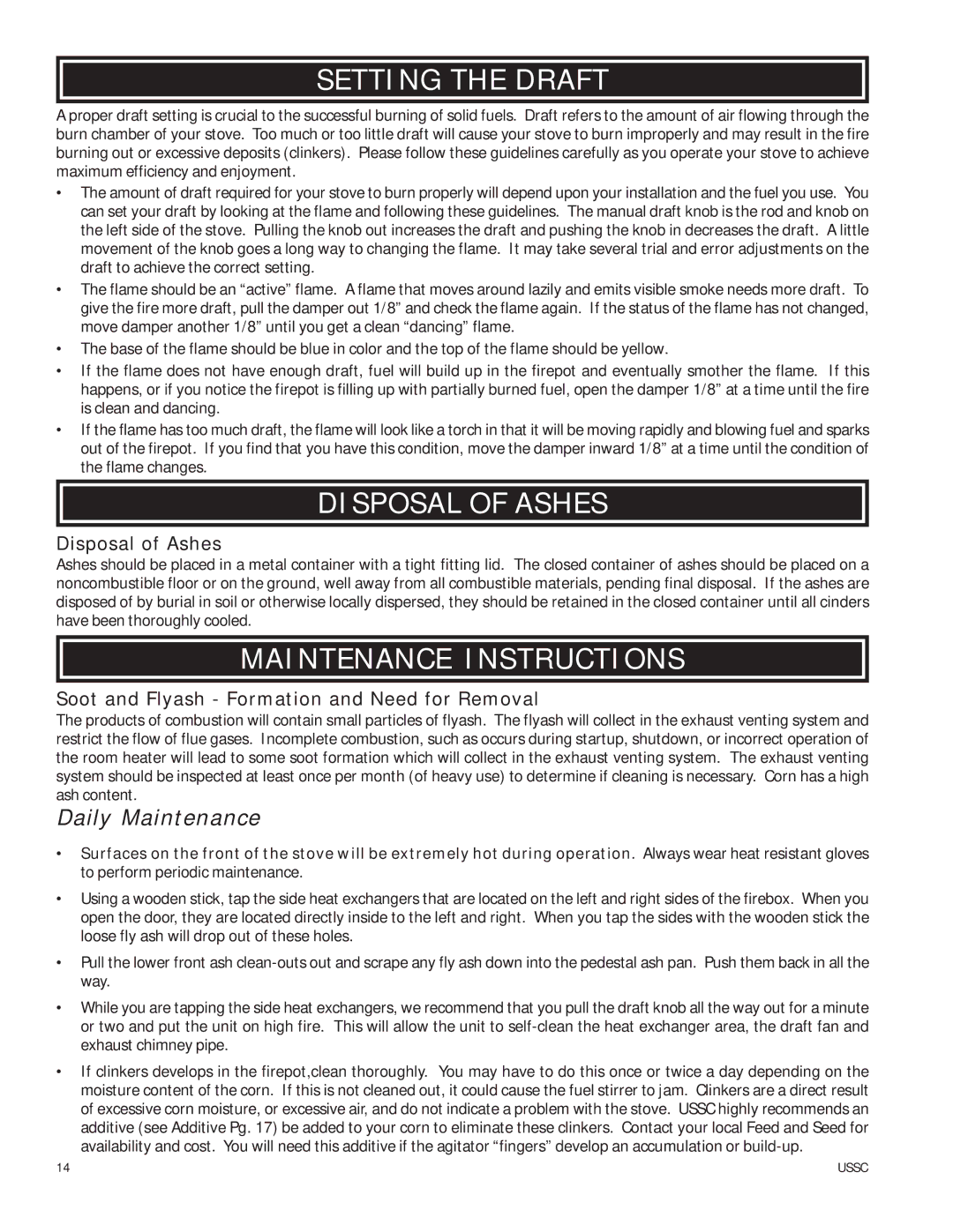 United States Stove 6037 owner manual Setting the Draft, Disposal of Ashes, Maintenance Instructions 