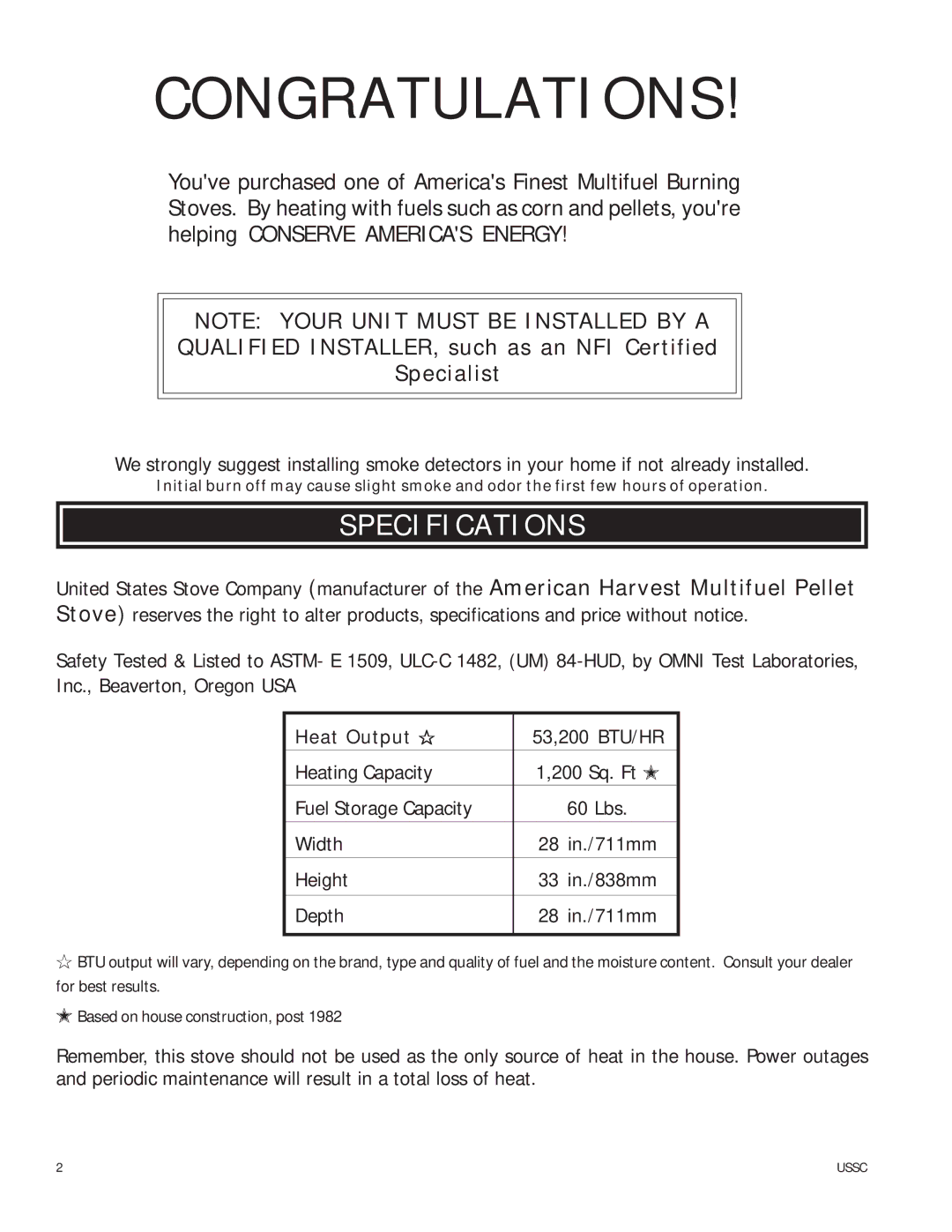 United States Stove 6037 owner manual Specifications, Heat Output 