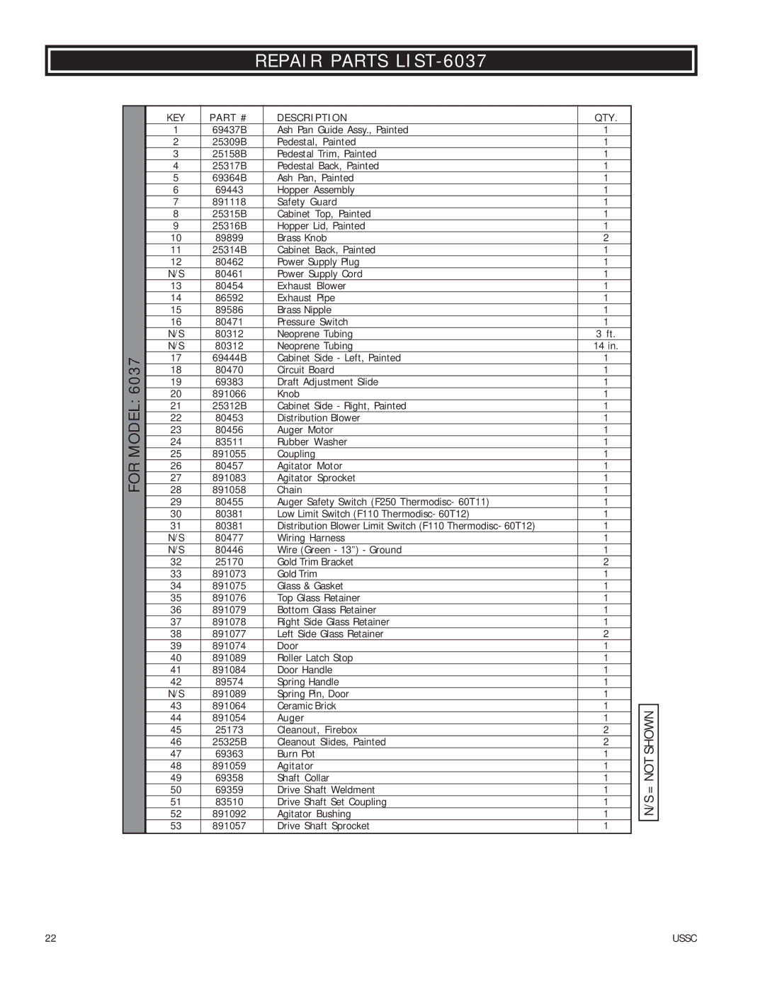 United States Stove owner manual Repair Parts LIST-6037 