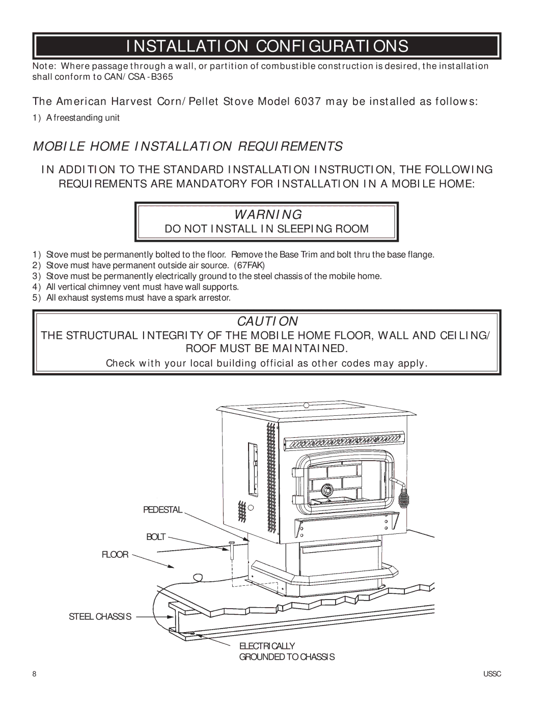 United States Stove 6037 owner manual Installation Configurations, Mobile Home Installation Requirements 