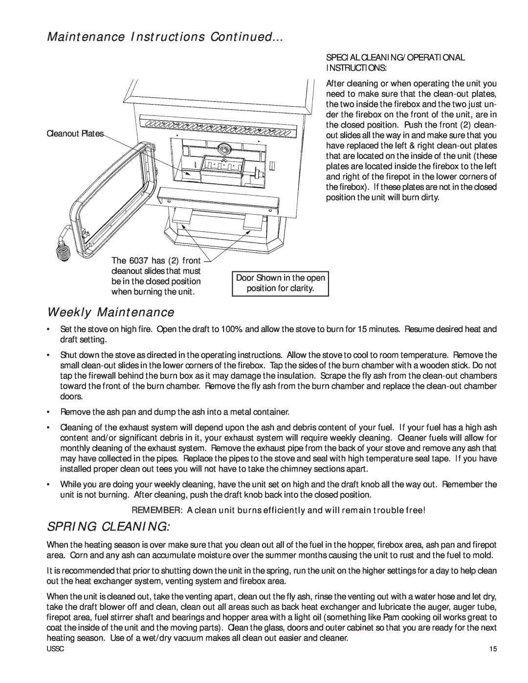 United States Stove 6037 owner manual Maintenance Instructions Continued, Weekly Maintenance, Spring Cleaning 