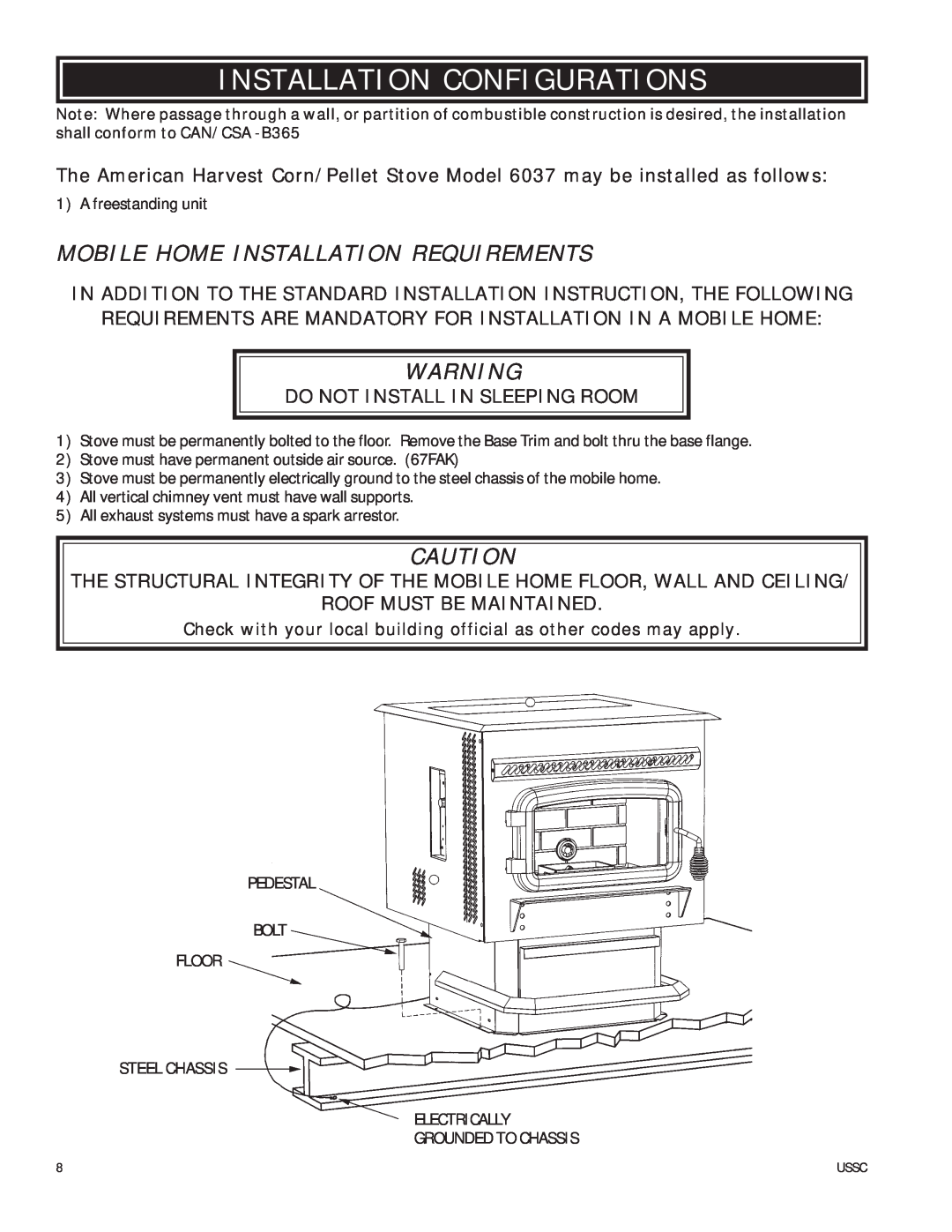 United States Stove 6037 Installation Configurations, Mobile Home Installation Requirements, Roof Must Be Maintained 