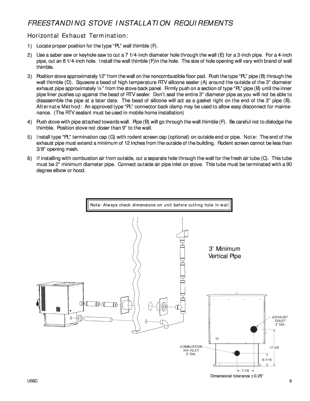 United States Stove 6037 owner manual Freestanding Stove Installation Requirements, Horizontal Exhaust Termination 