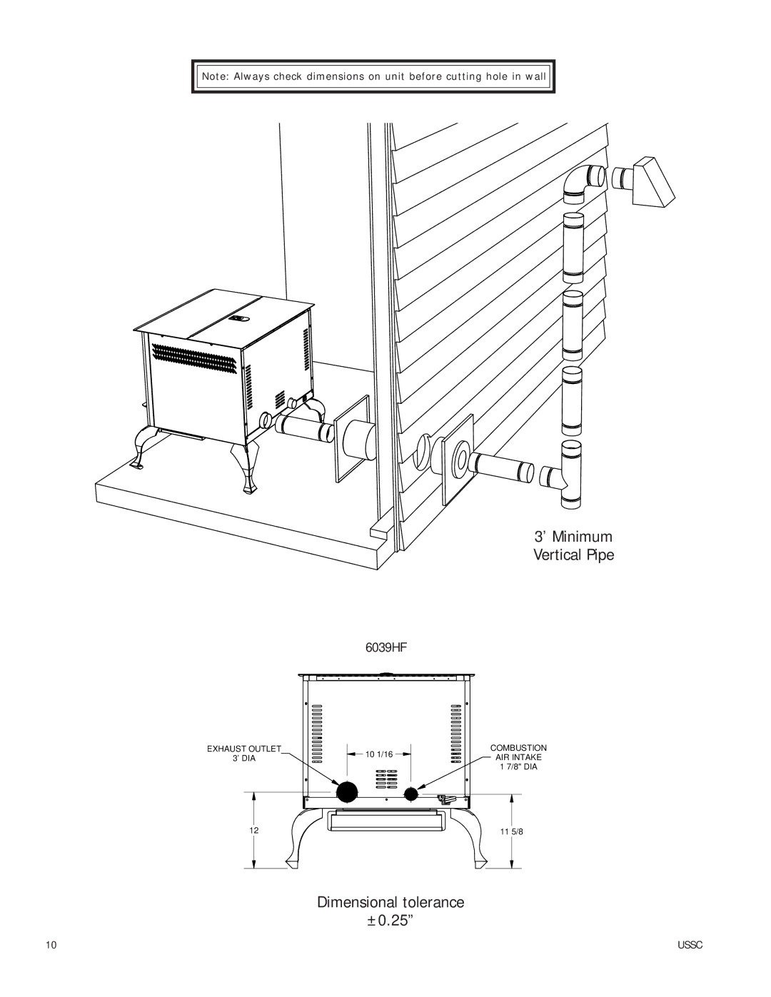 United States Stove 6039HF owner manual ’ Minimum Vertical Pipe 