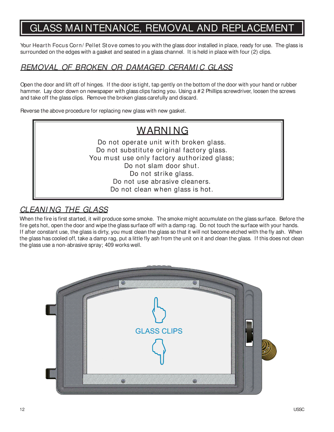 United States Stove 6039HF Glass MAINTENANCE, Removal and Replacement, Removal of Broken or Damaged Ceramic Glass 