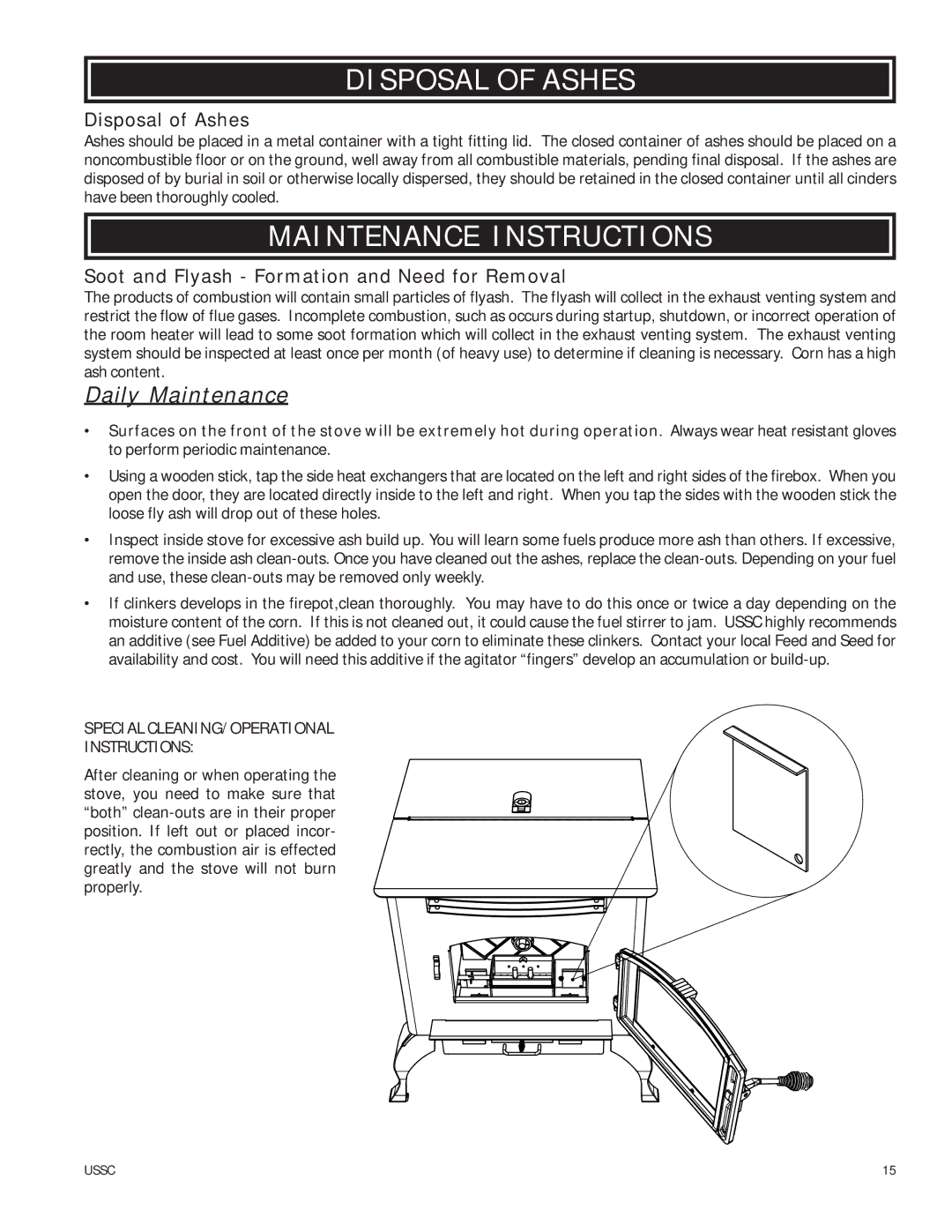 United States Stove 6039HF Disposal of Ashes, Maintenance Instructions, SPECIALCLEANING/OPERATIONAL Instructions 