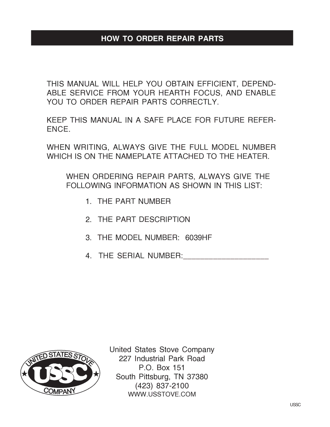 United States Stove 6039HF owner manual HOW to Order Repair Parts 