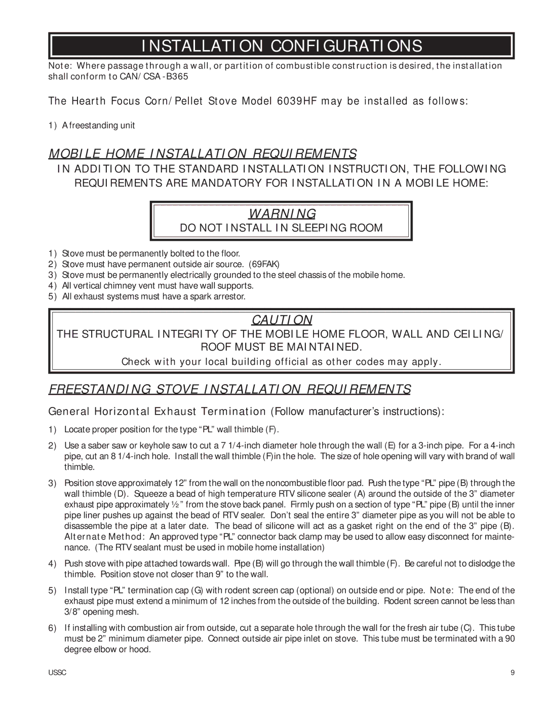 United States Stove 6039HF owner manual Installation Configurations, Mobile Home Installation Requirements 